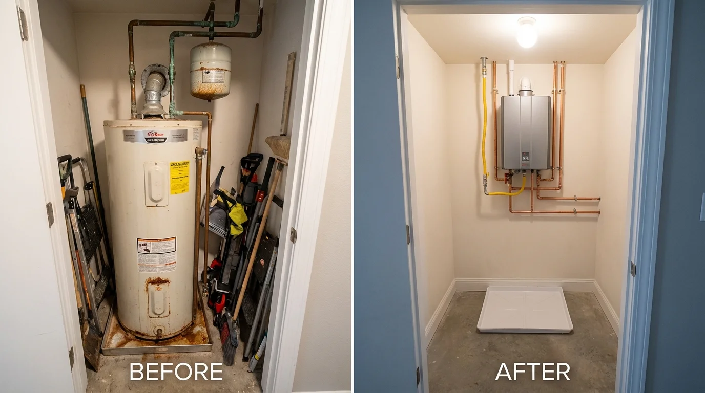 Tank water heater versus wall-mounted tankless unit comparison for Marysville, KS homeowners