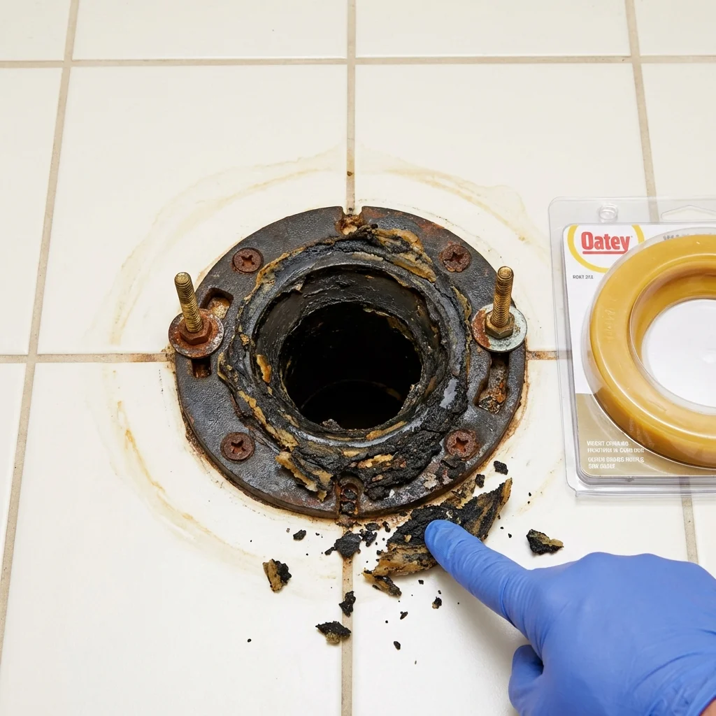 Failed wax ring showing water seepage at the base of a toilet in a Marysville, KS home