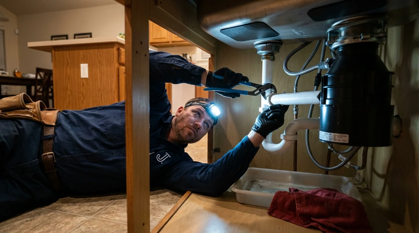 P-trap and supply line connections under a kitchen sink showing a common leak point in Marysville, KS